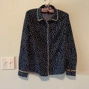 Dark green white polka dot yellow trim long sleeve blouse, Allegra K, size XS